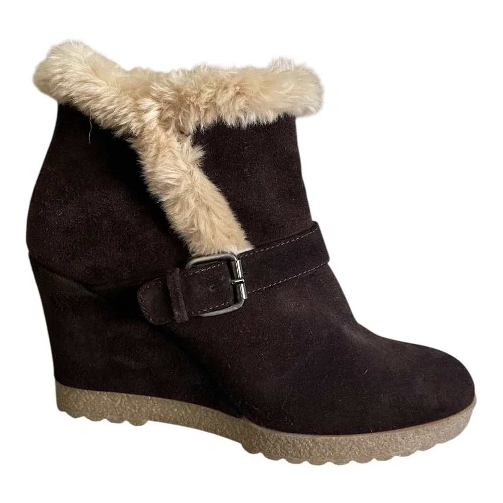 Aquatalia Carlotta Shearling‎ Trim Brown Suede Ankle Boots Retail $398